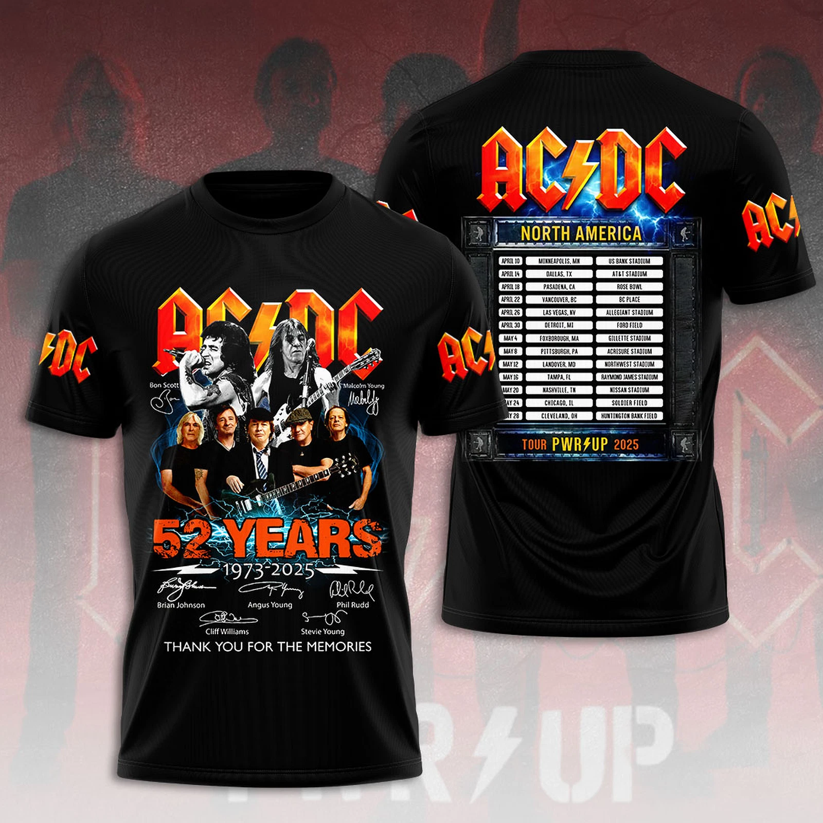 ACDC 2025 North America PWR/UP Tour 52 Years Tour 3D T-Shirt Oregontrailrvpk Shirt