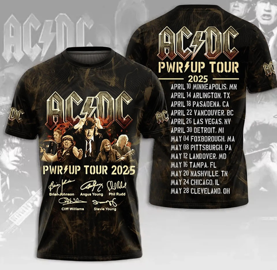 ACDC Power Up Tour 2025 3D T-Shirt Rock Band Oregontrailrvpk Shirt