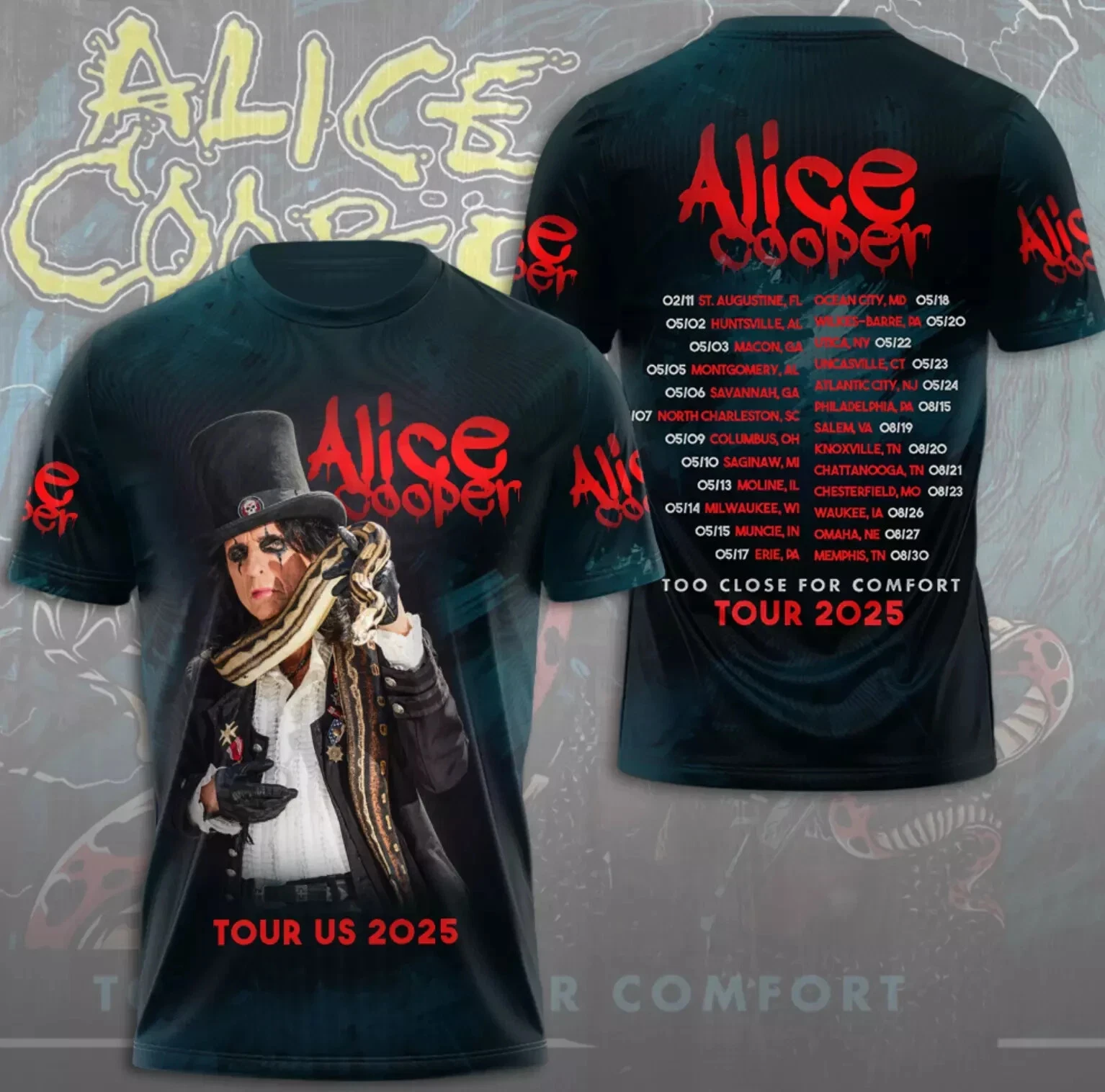Alice Cooper Too Close For Comfort Tour Us 2025 3D T-Shirt Best Oregontrailrvpk Shirt