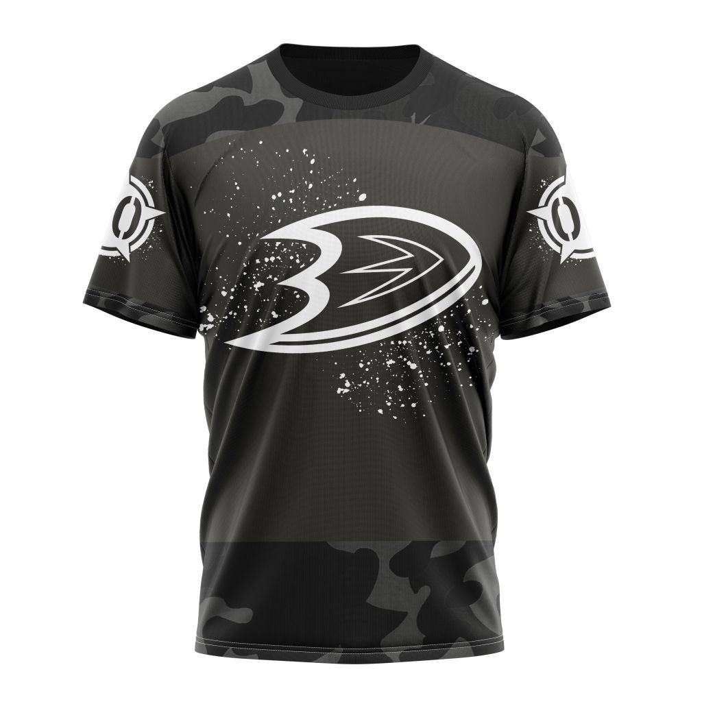 Anaheim Ducks Special Black Camo Design For Veterans Day Personalized Name And Number T-Shirt Oregontrailrvpk Shirt