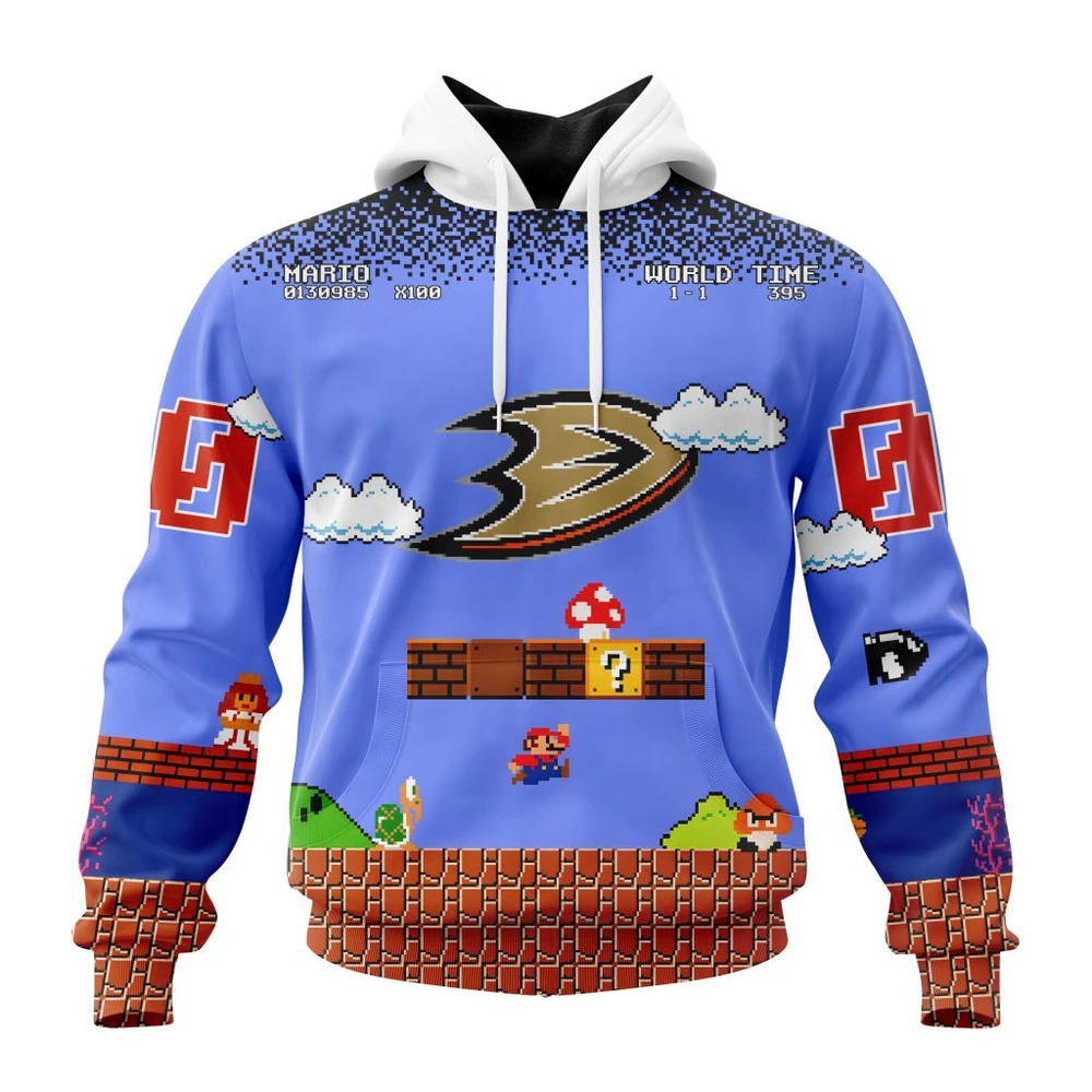 Anaheim Ducks Special Kits With Super Mario Game Design All Over Print Hoodie Style 24952