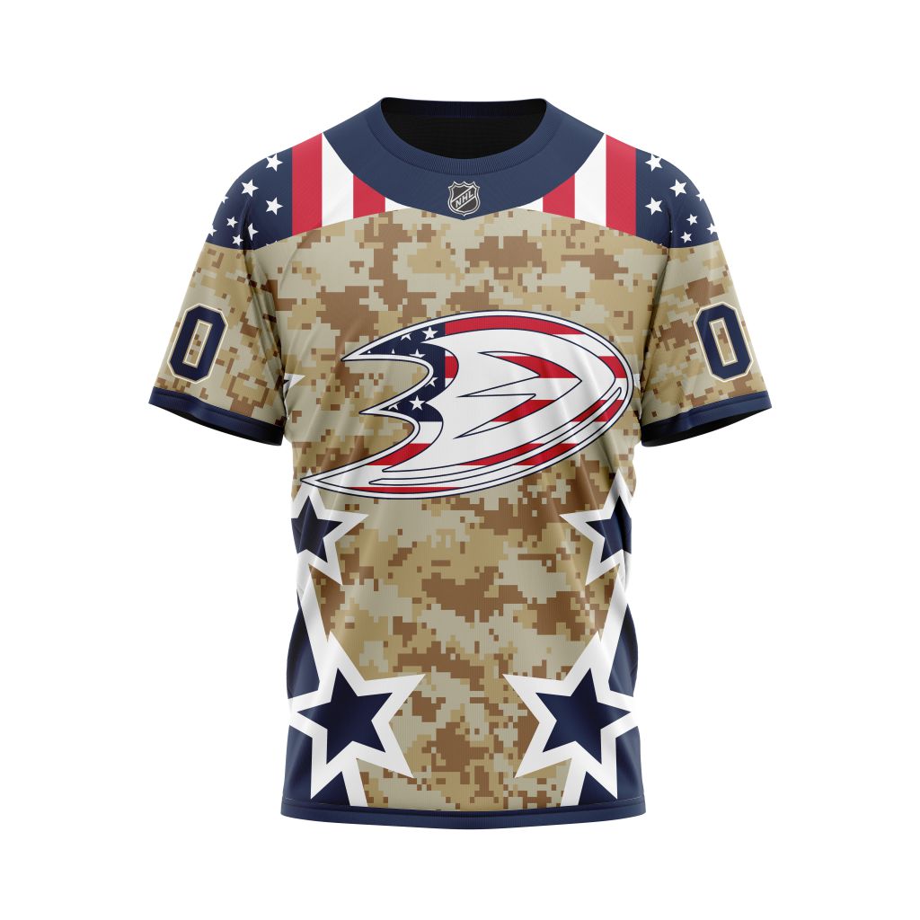 Anaheim Ducks Specialized Camo Color And Our Beloved American Flag Personalized Name And Number T-Shirt Oregontrailrvpk Shirt