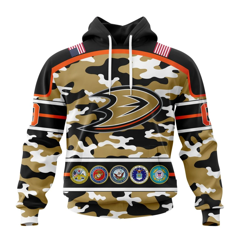 Anaheim Ducks Specialized Design Wih Camo Team Color And Military Force Logo All Over Print Hoodie Style 65746