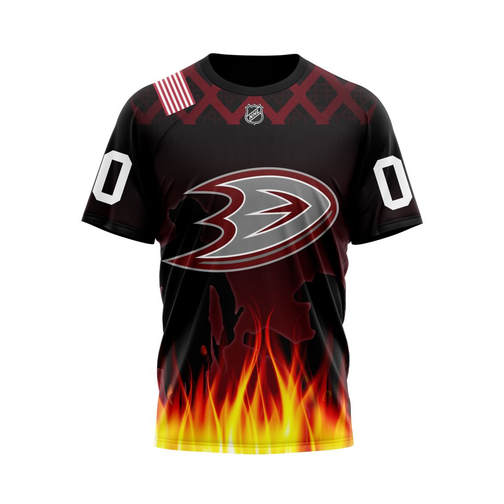 Anaheim Ducks Specialized Honorr Firefighter As Hero Of The Game With The Flames Pattern Kits Personalized Name And Number T-Shirt Oregontrailrvpk Shirt