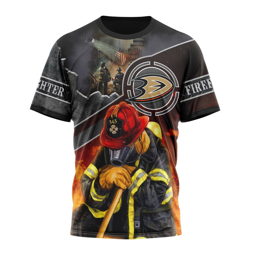 Anaheim Ducks Specialized Kits To Honnor FireFighter In Patriot Day We Will Never Forget Personalized Name And Number T-Shirt Oregontrailrvpk Shirt