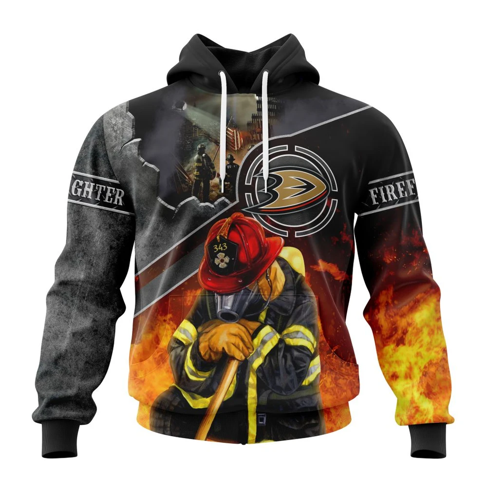 Anaheim Ducks Specialized Kits To Honor Firefighter In Patriot Day We Will Never Forget All Over Print Hoodie Style 72792