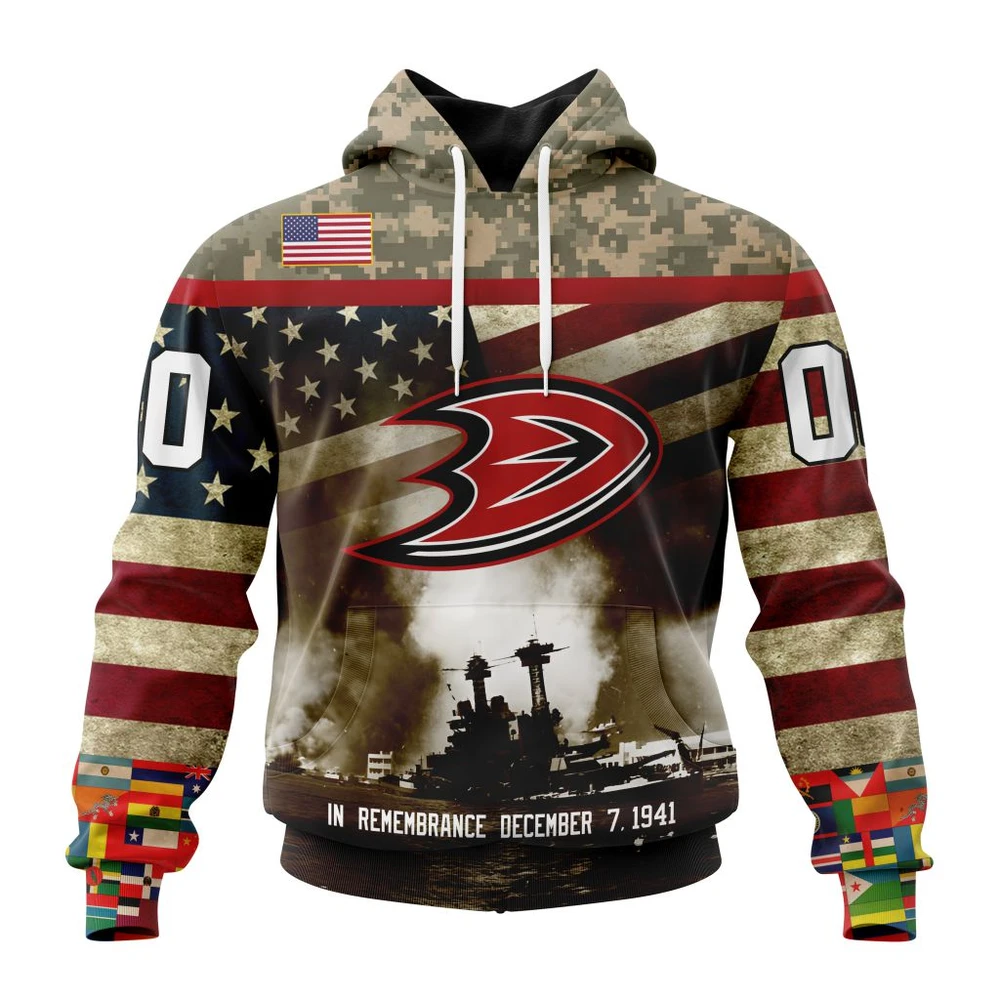 Anaheim Ducks Specialized Unisex Kits Remember Pearl Harbor All Over Print Hoodie Style 17967