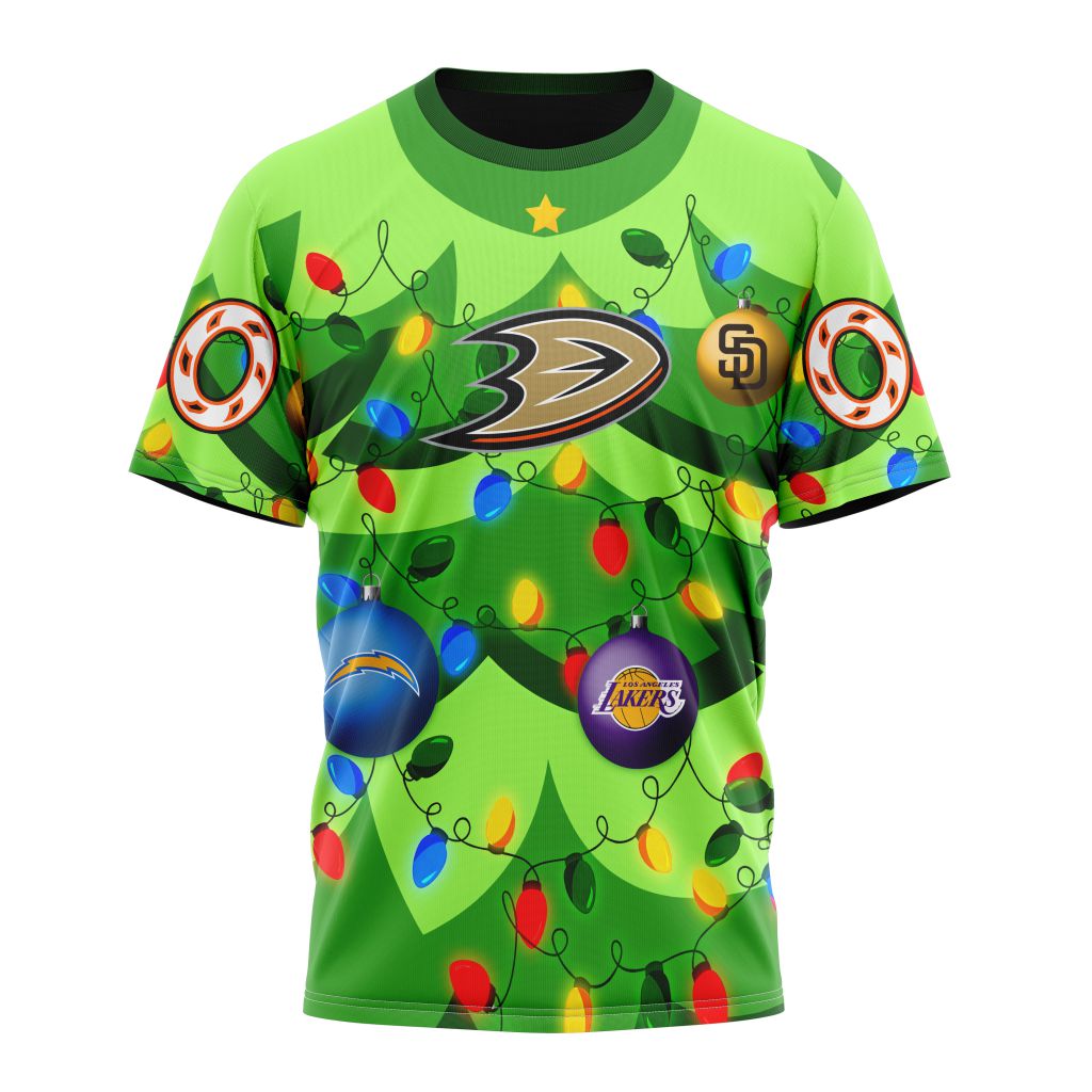 Anaheim Ducks Specialized Unisex Kits With Unisex Kits With Christmass Tree Color And City's Sport Teams Personalized Name And Number T-Shirt Oregontrailrvpk Shirt
