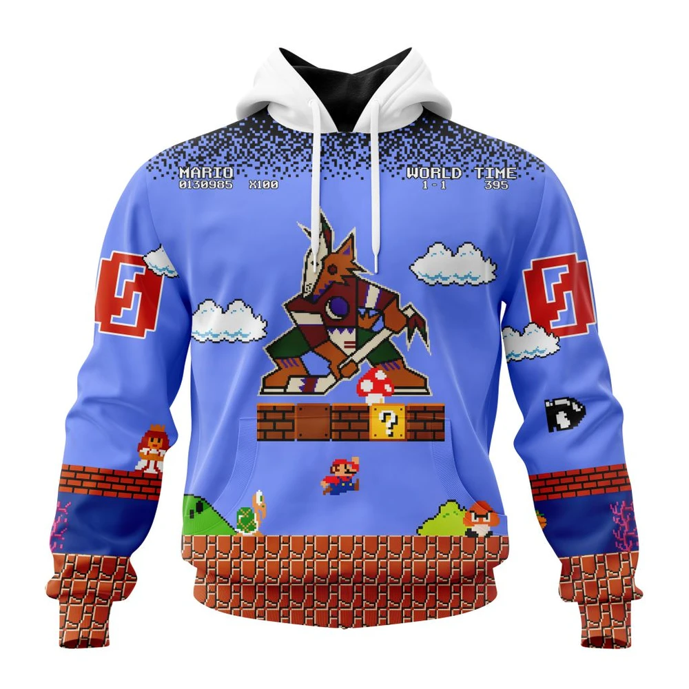 Arizona Coyotes Special Kits With Super Mario Game Design All Over Print Hoodie Style 80661