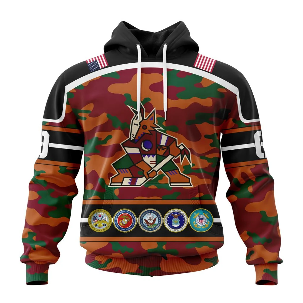 Arizona Coyotes Specialized Design Wih Camo Team Color And Military Force Logo All Over Print Hoodie Style 12238