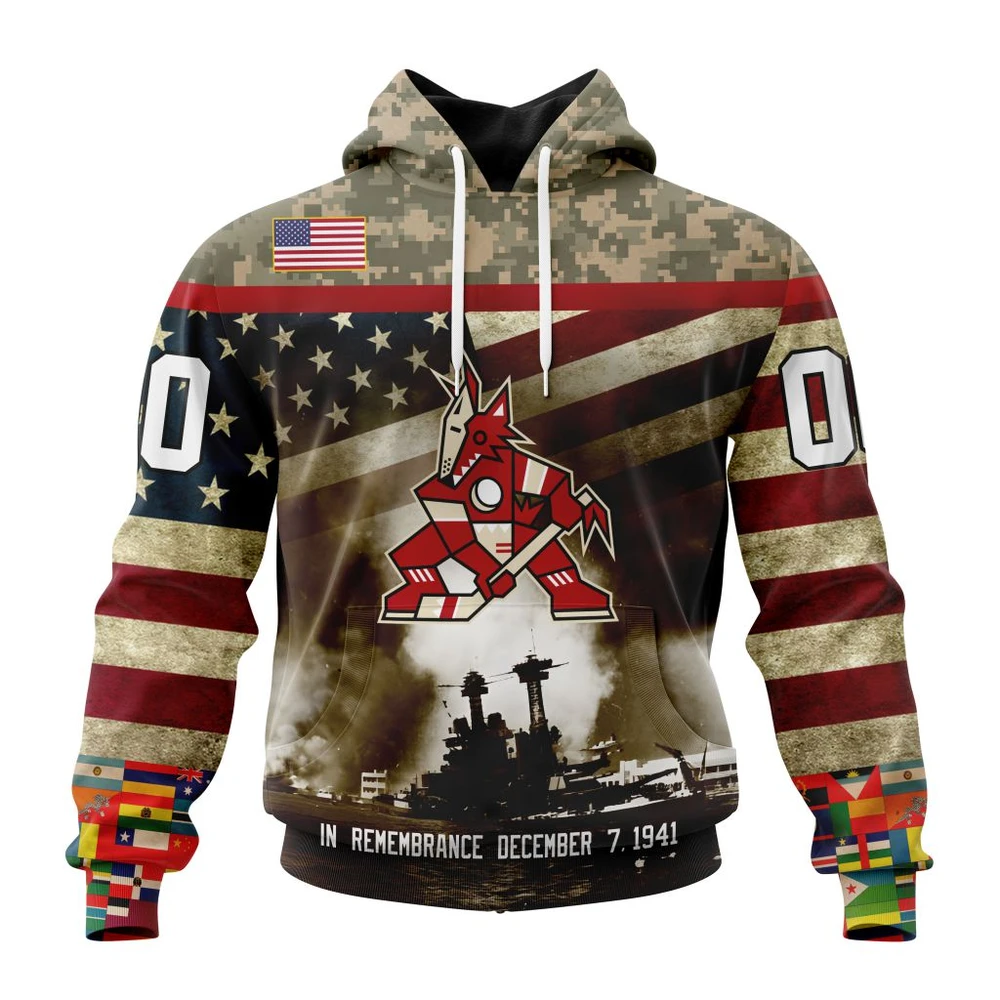 Arizona Coyotes Specialized Unisex Kits Remember Pearl Harbor All Over Print Hoodie Style 37023