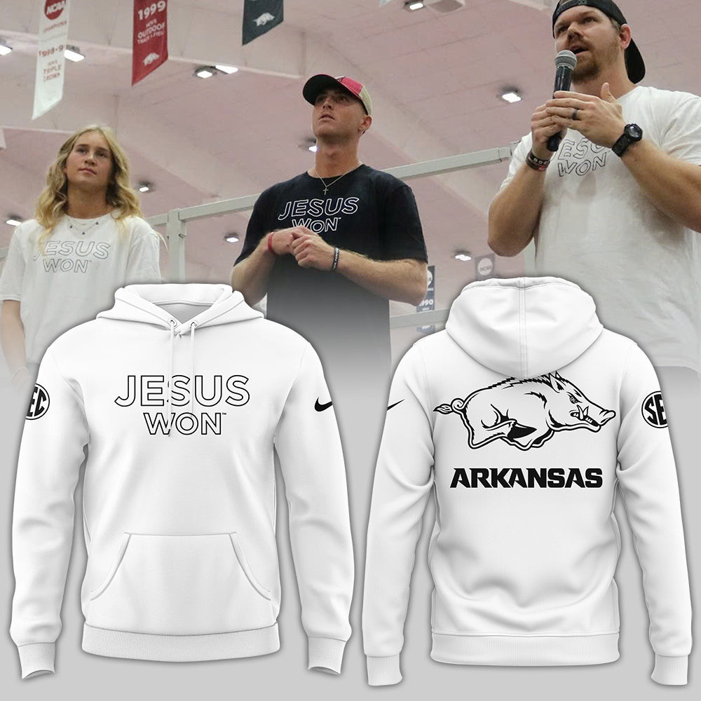 Arkansas Razorbacks Jesus Won White NCAA Hoodie Gift Ideas For Basketball Lovers