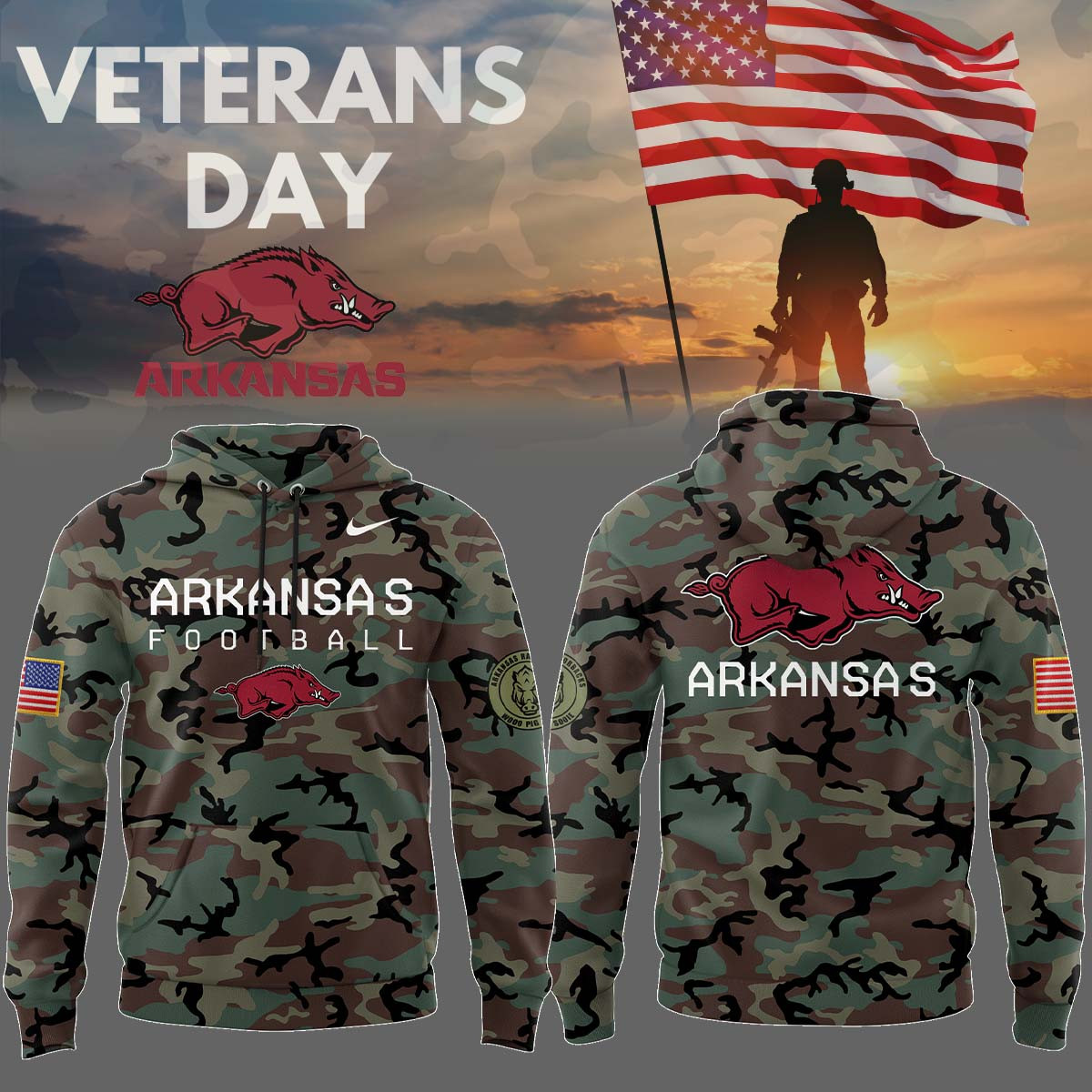 Arkansas Razorbacks Veteran Camo NCAA Hoodie Best Gifts For Basketball Fans