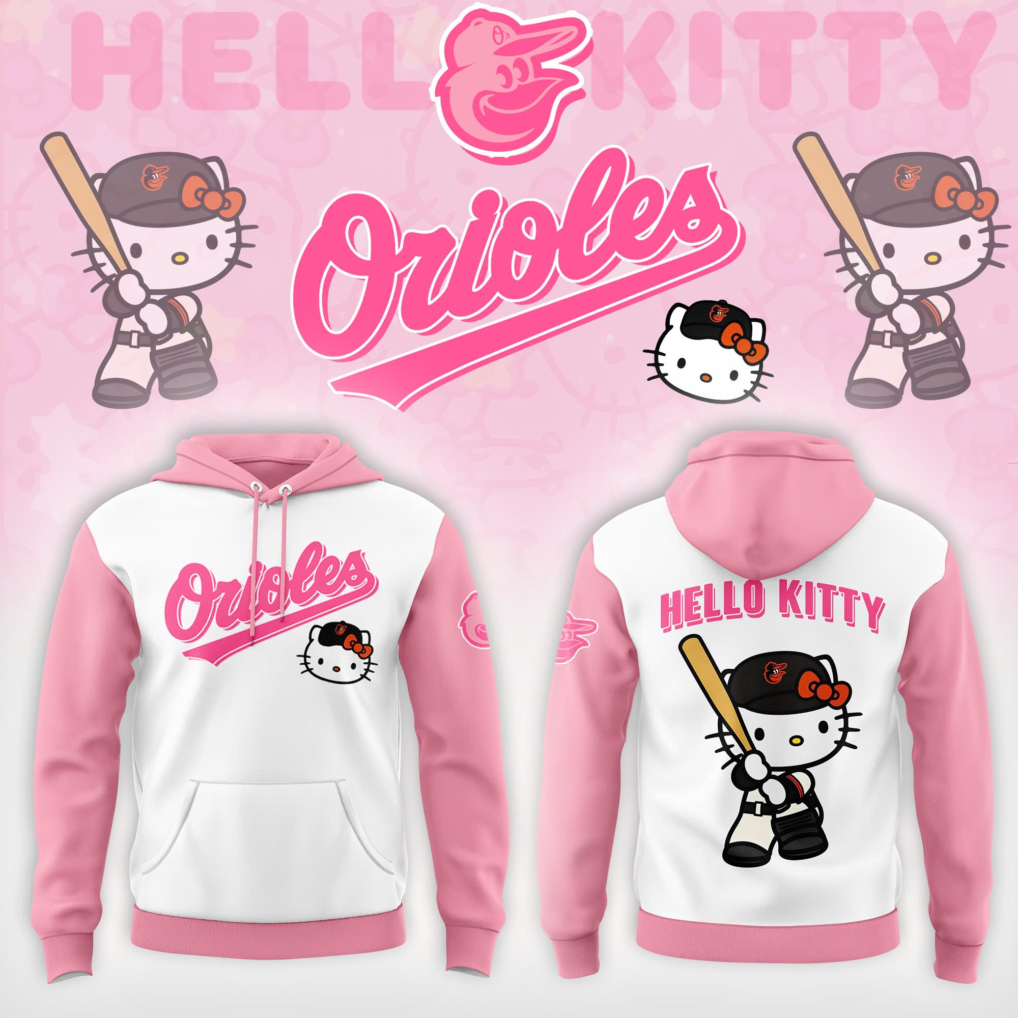 Baltimore Orioles x Hello Kitty Pink Hoodie Baseball Team Gift Ideas
