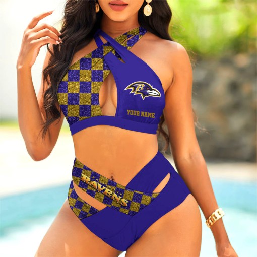 Baltimore Ravens Womens 2Pcs Bikini Swimsuit Criss Cross Cutout Bathing Suit St7883