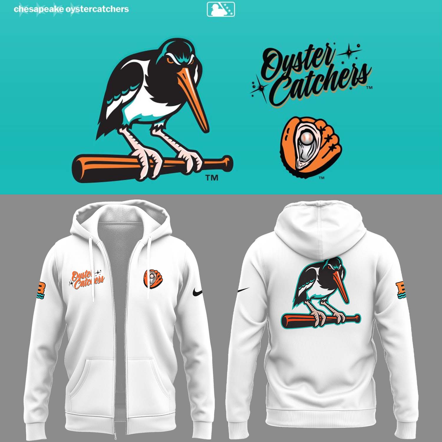 Baysox Baseball the Oyster Catchers White Zip Hoodie Gift For Baseball Lover
