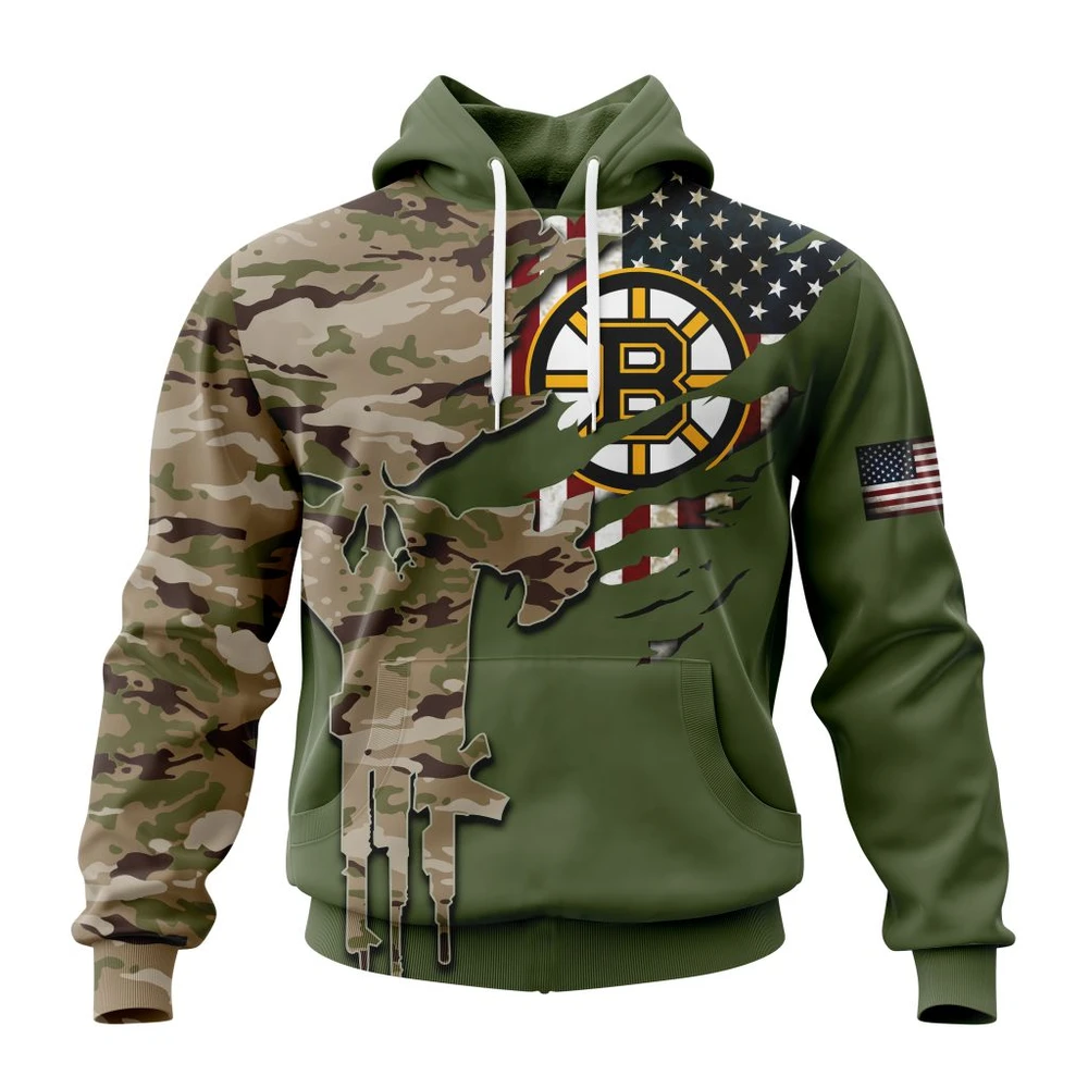 Boston Bruins Special Camo Skull Design All Over Print Hoodie Style 68634