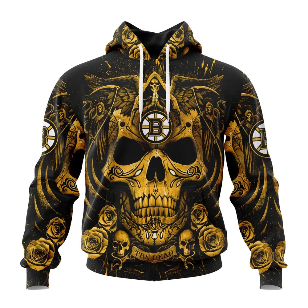 Boston Bruins Special Design With Skull Art All Over Print Hoodie Style 35055