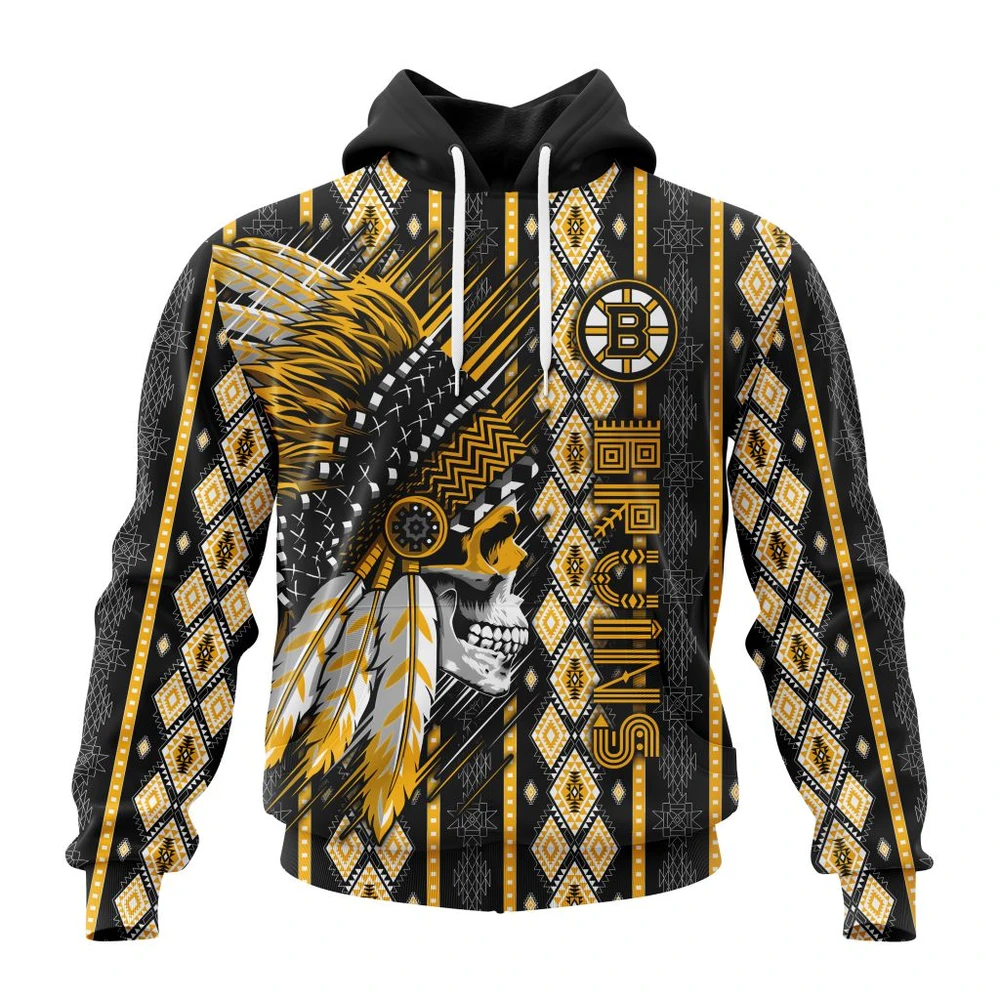 Boston Bruins Special Skull Native Design All Over Print Hoodie Style 98410