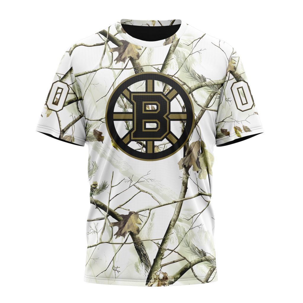 Boston Bruins Special White Winter Hunting Camo Design Personalized Name And Number T-Shirt Oregontrailrvpk Shirt