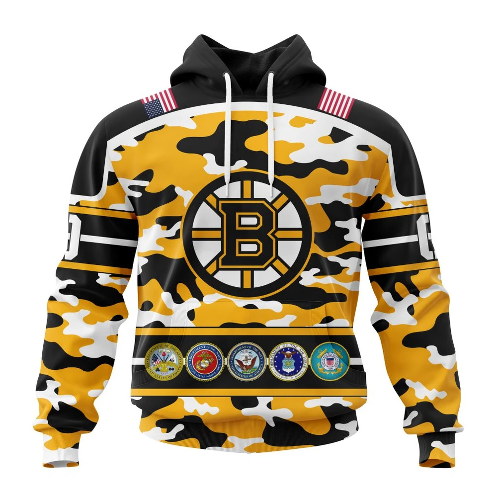 Boston Bruins Specialized Design Wih Camo Team Color And Military Force Logo All Over Print Hoodie Style 95926