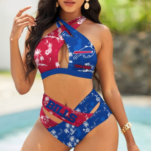 Buffalo Bills Womens 2Pcs Bikini Swimsuit Criss Cross Cutout Bathing Suit St6014