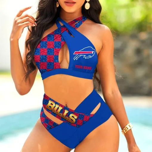 Buffalo Bills Womens 2Pcs Bikini Swimsuit Criss Cross Cutout Bathing Suit St8490