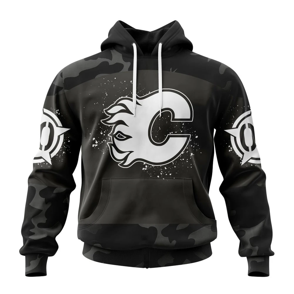 Calgary Flames Special Black Camo Design For Veterans Day All Over Print Hoodie Style 30414