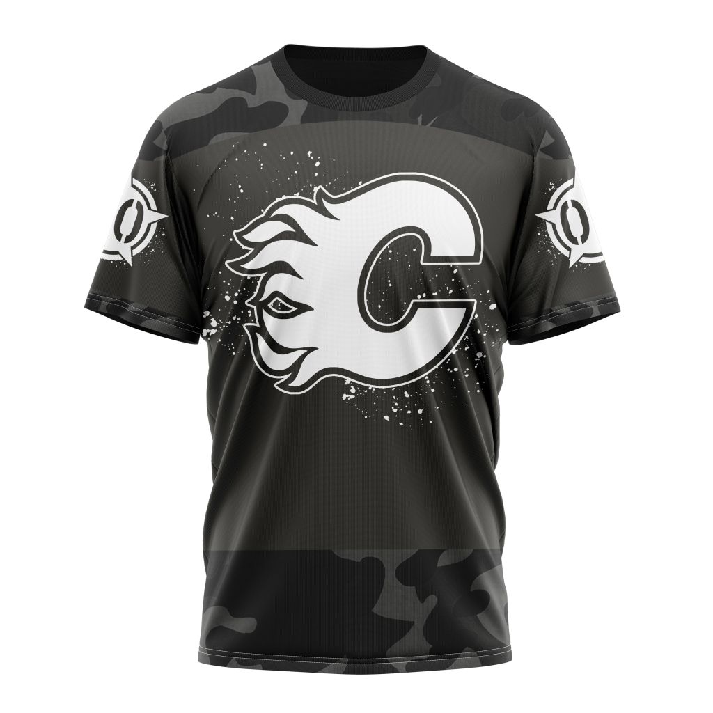 Calgary Flames Special Black Camo Design For Veterans Day Personalized Name And Number T-Shirt Oregontrailrvpk Shirt