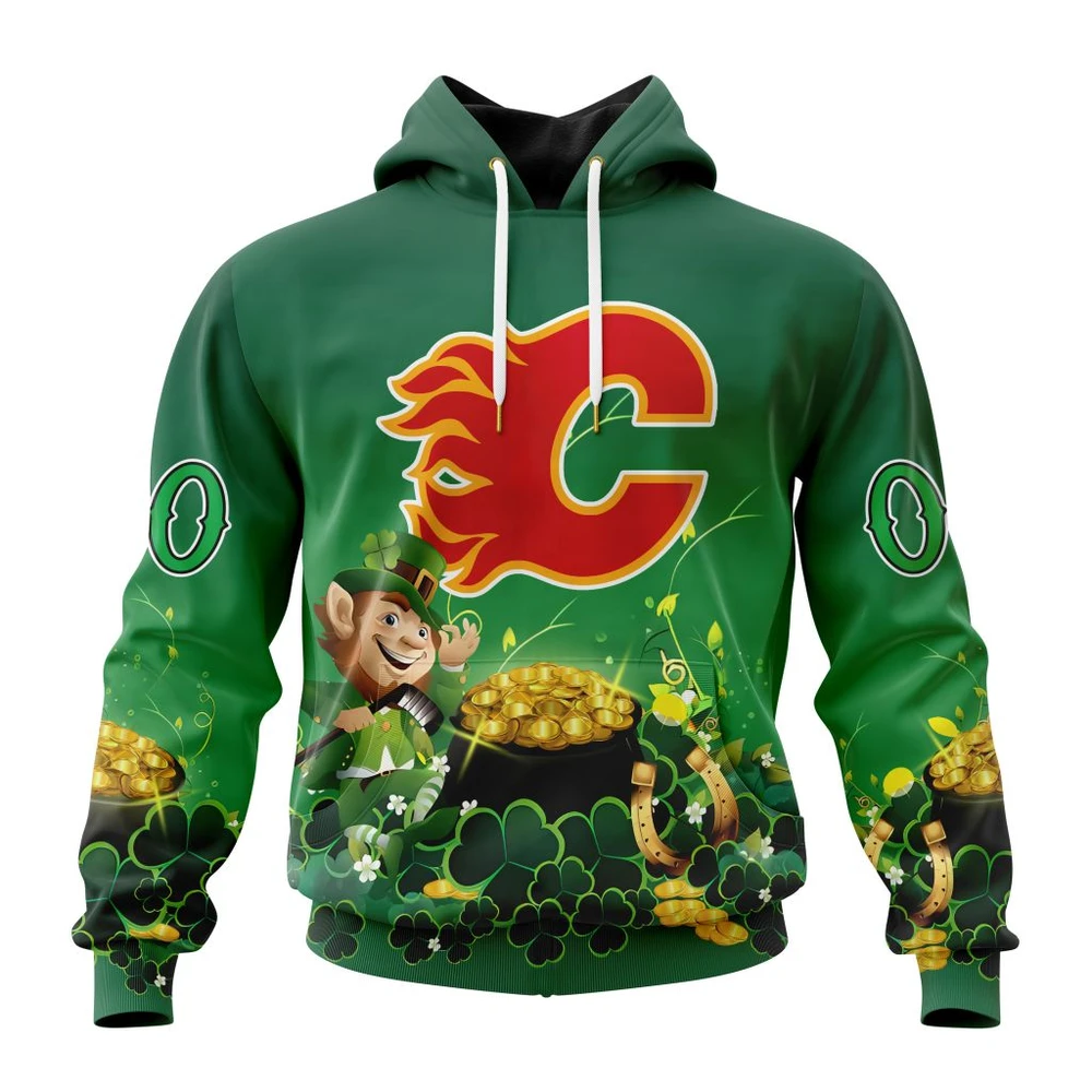 Calgary Flames Special Design For St. Patrick Day All Over Print Hoodie Style 14874