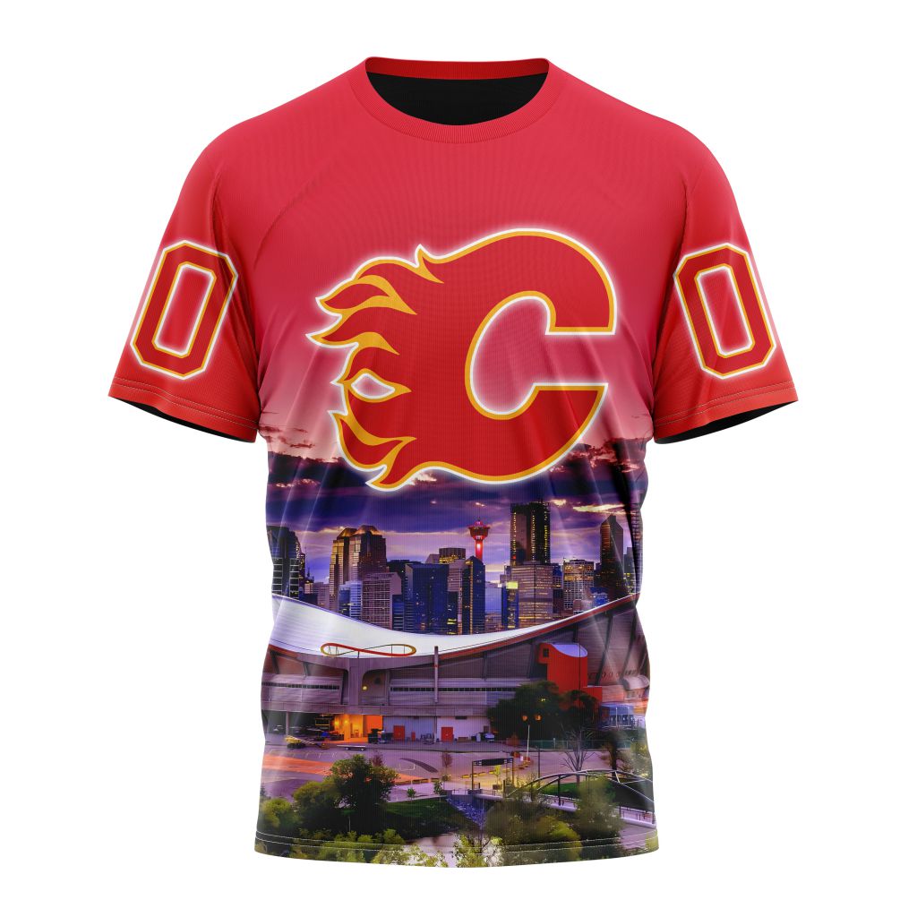 Calgary Flames Special Design With City Skyline Personalized Name And Number T-Shirt Oregontrailrvpk Shirt