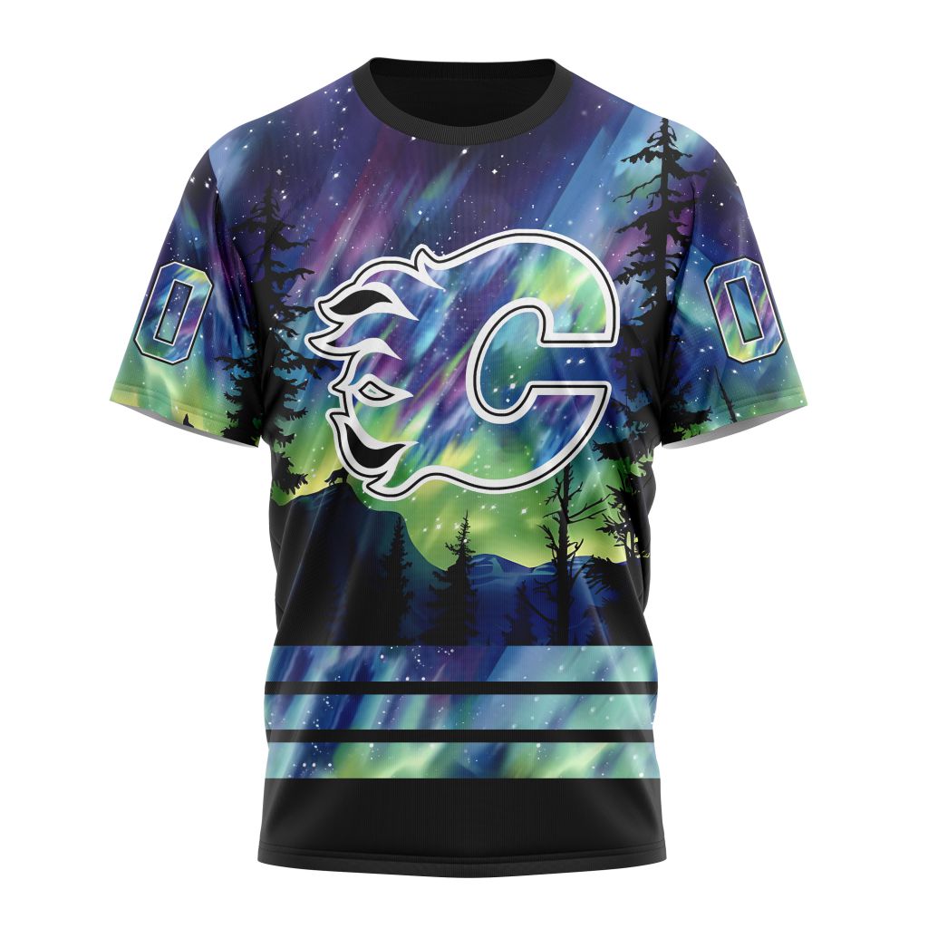 Calgary Flames Special Design With Northern Lights 01 Personalized Name And Number T-Shirt Oregontrailrvpk Shirt