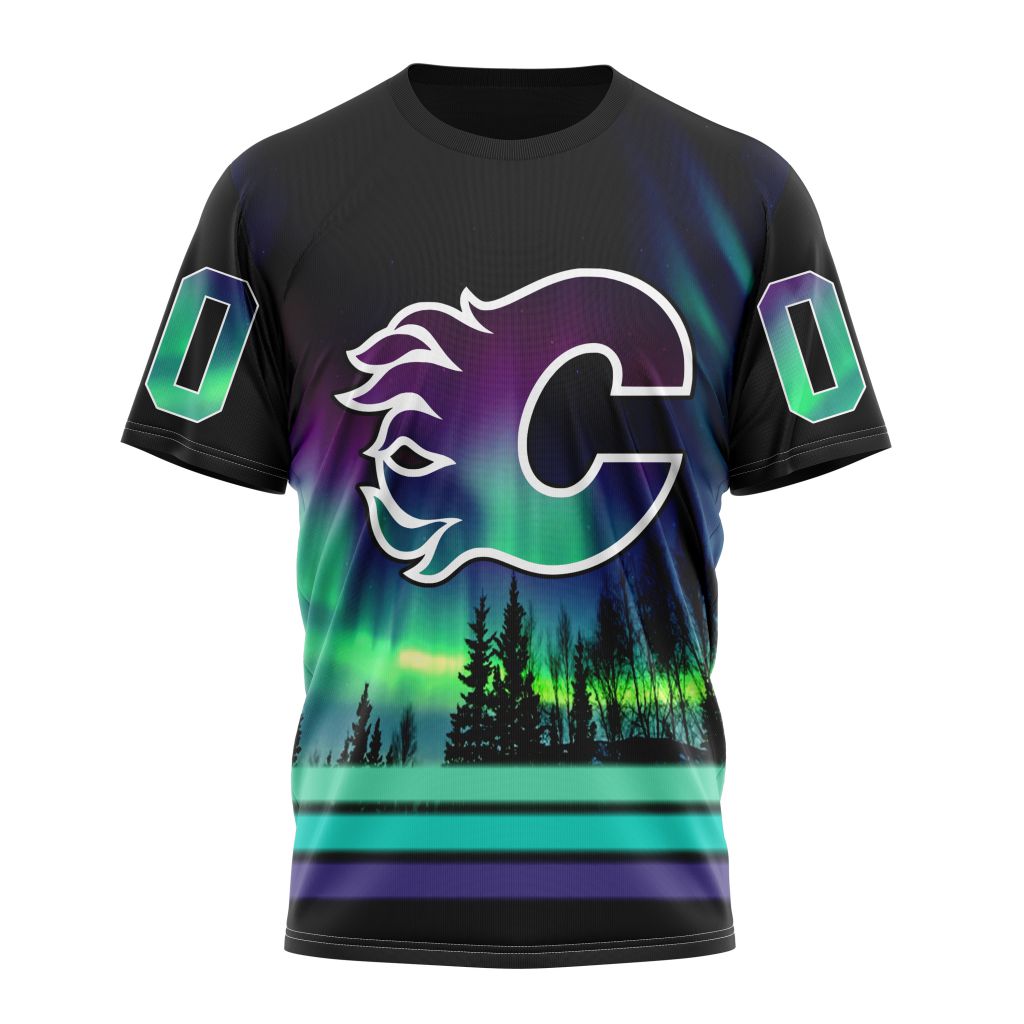 Calgary Flames Special Design With Northern Lights Personalized Name And Number T-Shirt Oregontrailrvpk Shirt