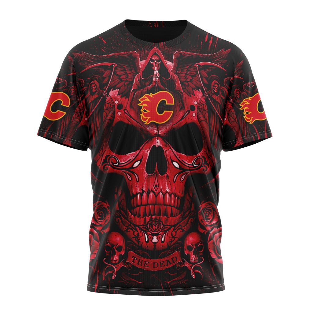 Calgary Flames Special Design With Skull Art Personalized Name And Number T-Shirt Oregontrailrvpk Shirt