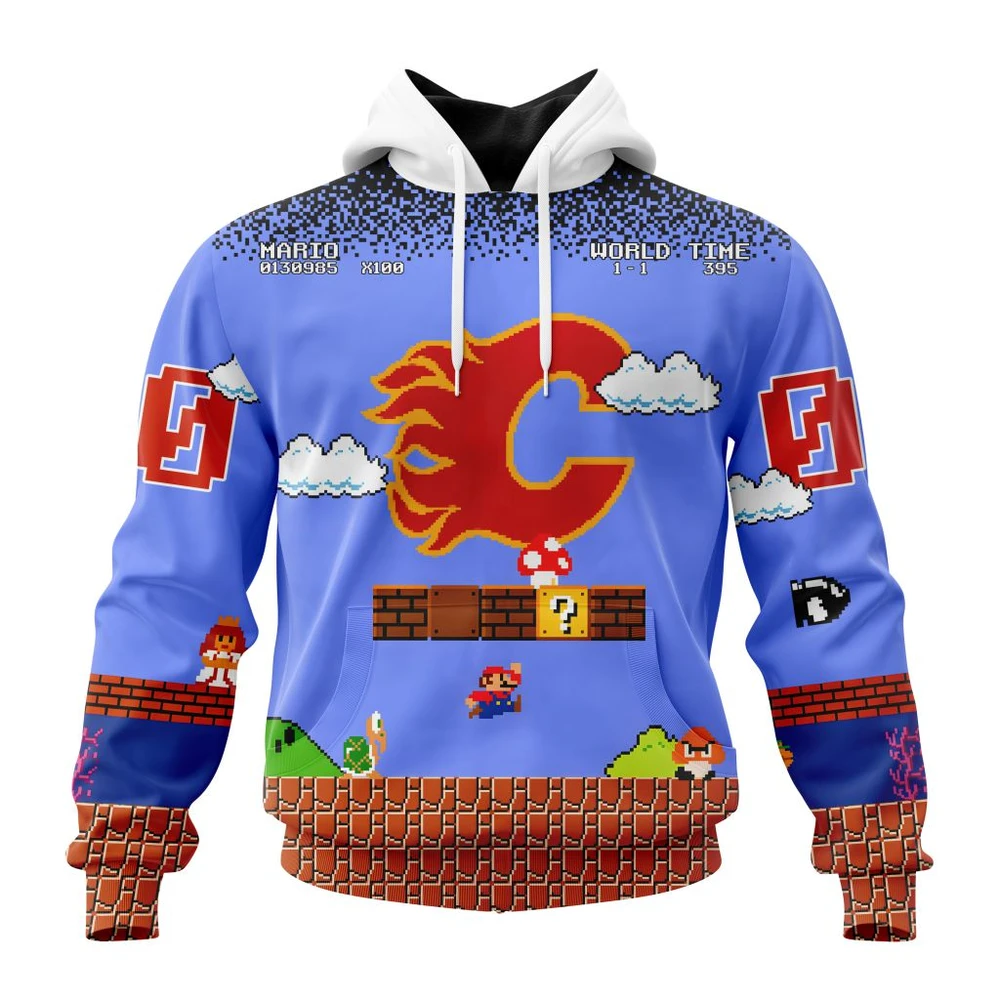 Calgary Flames Special Kits With Super Mario Game Design All Over Print Hoodie Style 91755