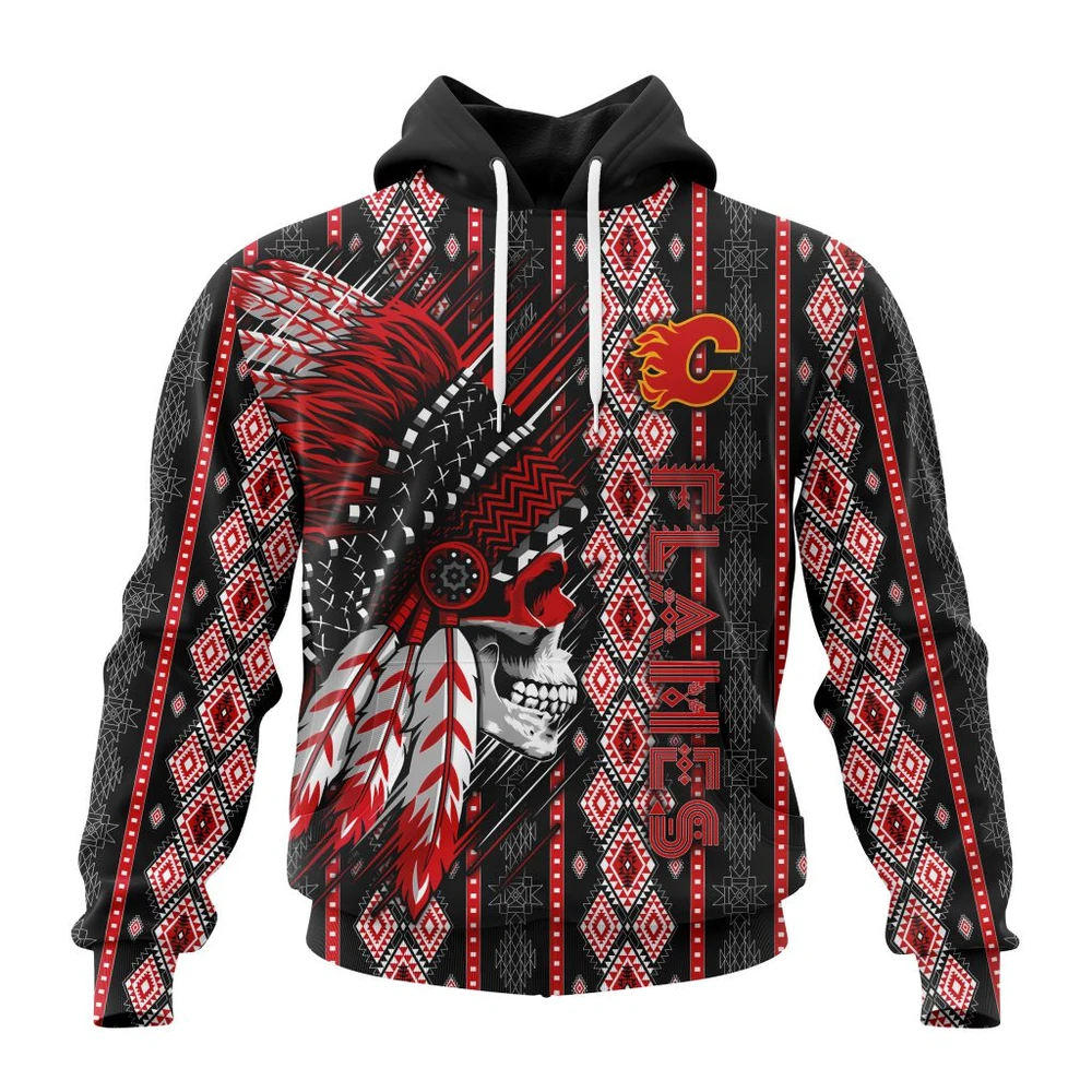 Calgary Flames Special Skull Native Design All Over Print Hoodie Style 24217