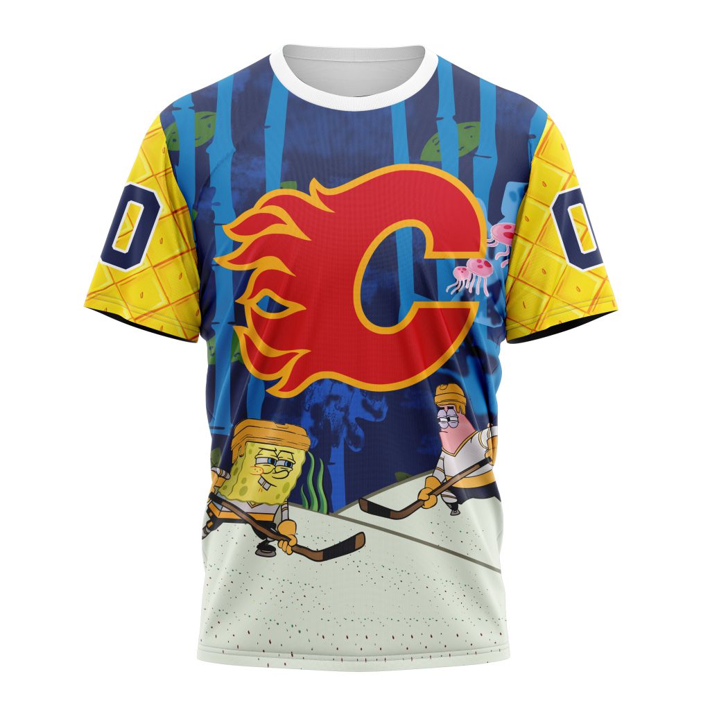 Calgary Flames Special SpongeBob SquarePants Design 01 Personalized Name And Number T-Shirt Oregontrailrvpk Shirt