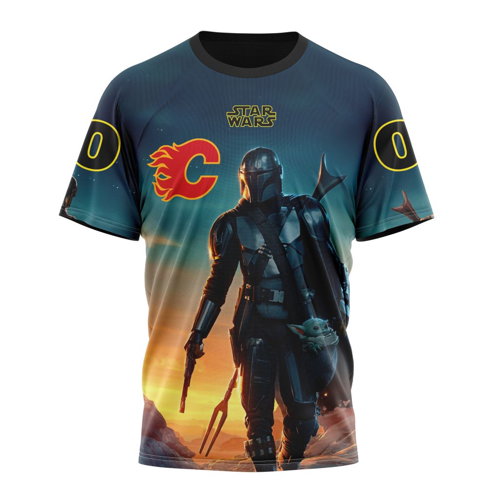 Calgary Flames Special Star Wars The Mandalorian Design 01 Personalized Name And Number T-Shirt Oregontrailrvpk Shirt