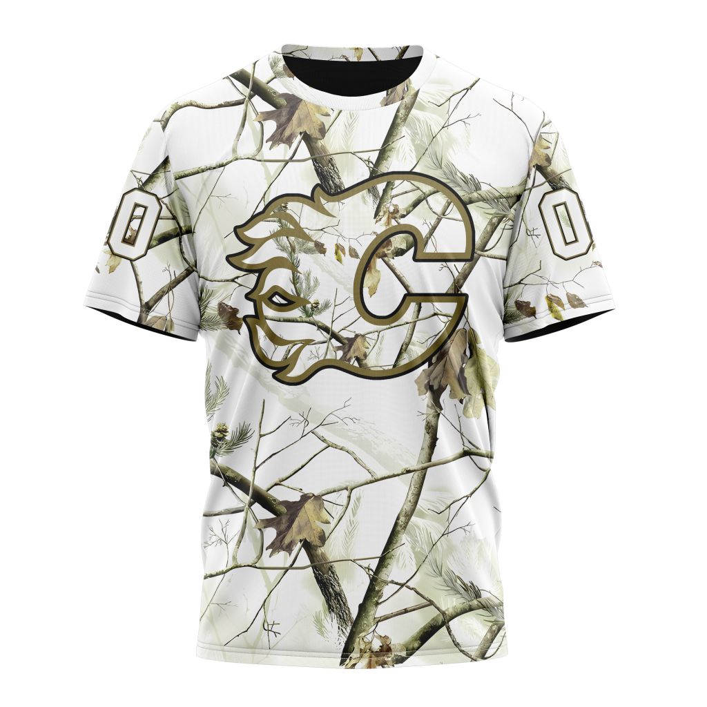 Calgary Flames Special White Winter Hunting Camo Design Personalized Name And Number T-Shirt Oregontrailrvpk Shirt