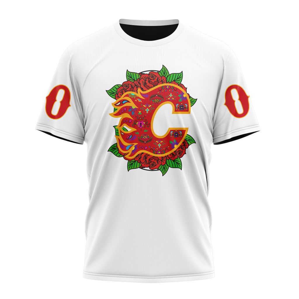 Calgary Flames Specialized Unisex Kits Dia De Muertos Personalized Name And Number T-Shirt Oregontrailrvpk Shirt