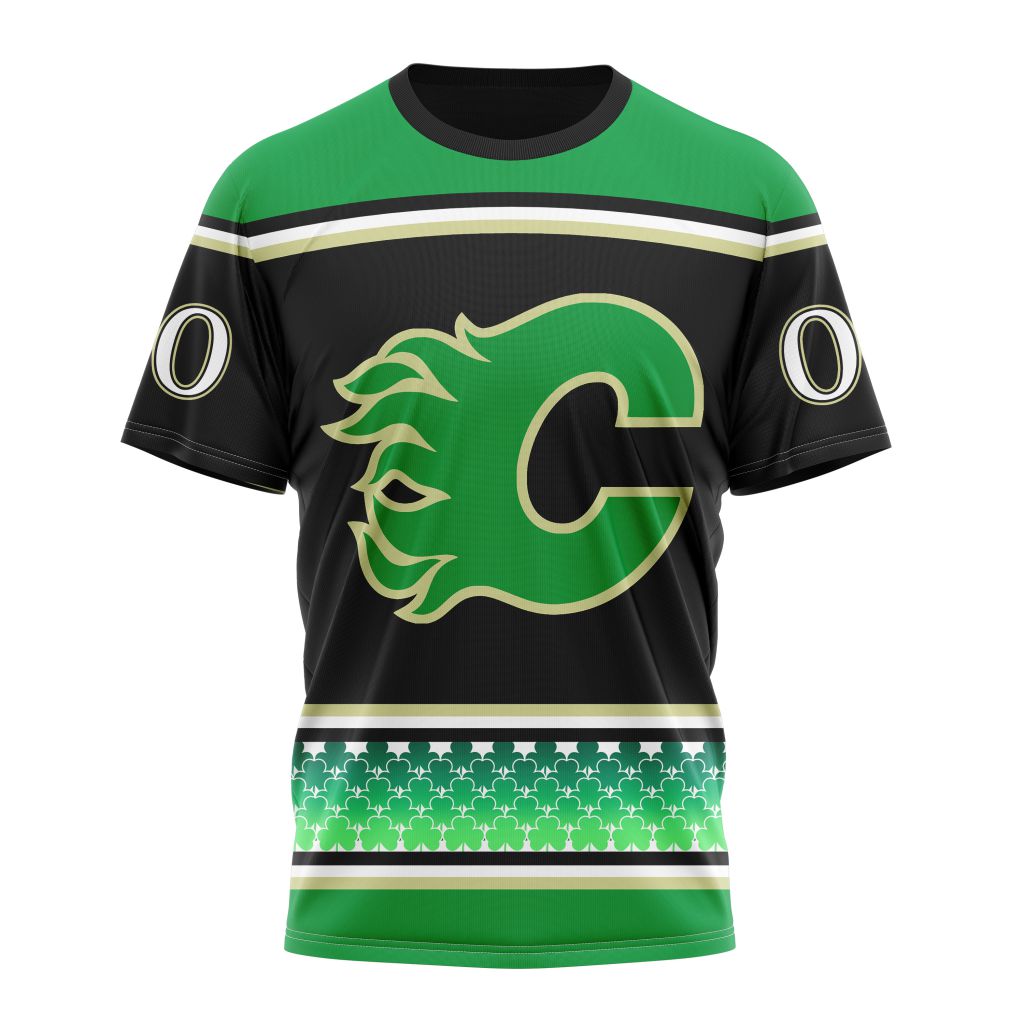 Calgary Flames Specialized Unisex Kits Hockey Celebrate St Patrick's Day Personalized Name And Number T-Shirt Oregontrailrvpk Shirt