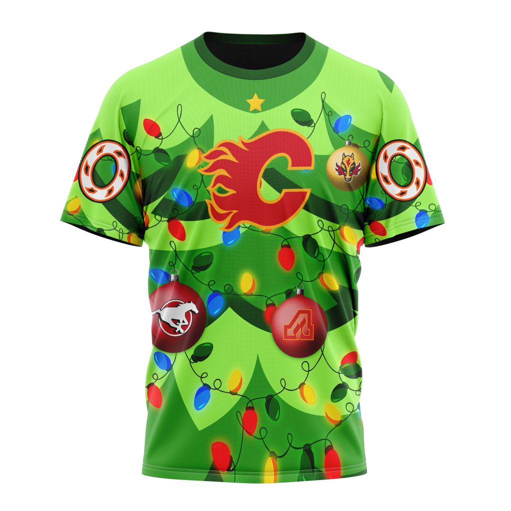 Calgary Flames Specialized Unisex Kits With Unisex Kits With Christmass Tree Color And City's Sport Teams Personalized Name And Number T-Shirt Oregontrailrvpk Shirt