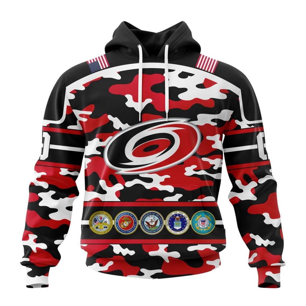 Carolina Hurricanes Specialized Design Wih Camo Team Color And Military Force Logo All Over Print Hoodie Style 80010