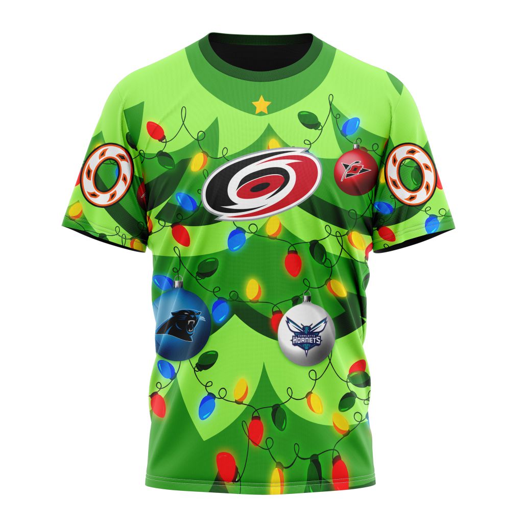 Carolina Hurricanes Specialized Unisex Kits With Unisex Kits With Christmass Tree Color And City's Sport Teams Personalized Name And Number T-Shirt Oregontrailrvpk Shirt