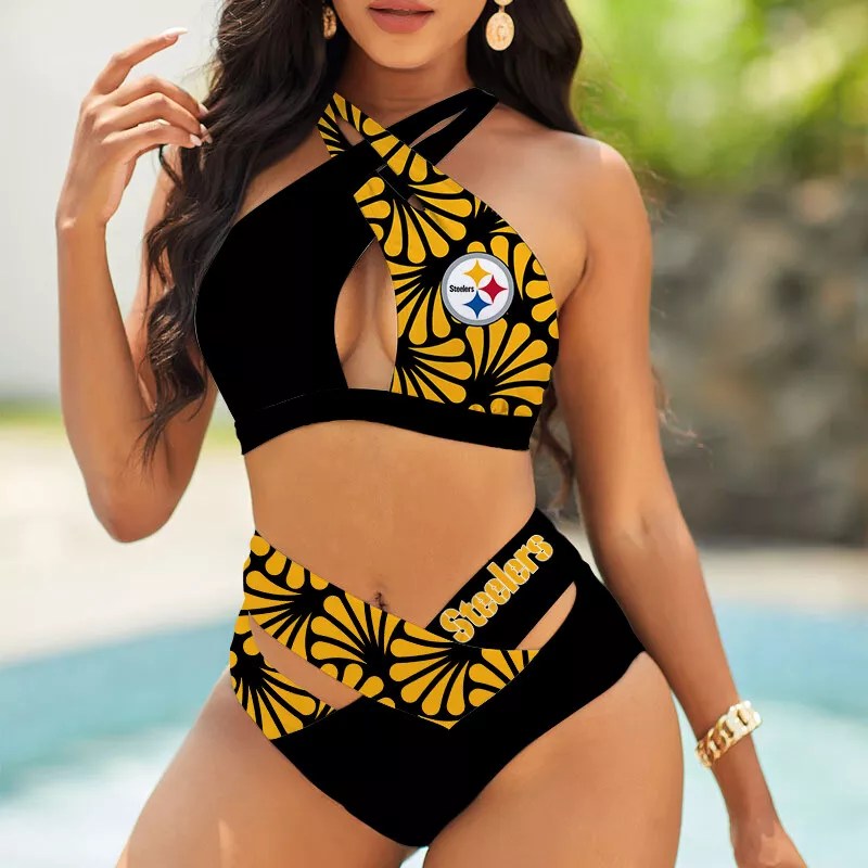 Chicago Bears Womens 2Pcs Bikini Swimsuit Criss Cross Cutout Bathing Suit St4037