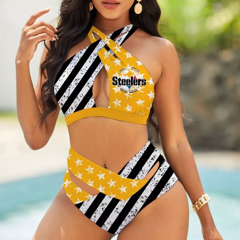 Chicago Bears Womens 2Pcs Bikini Swimsuit Criss Cross Cutout Bathing Suit St5938