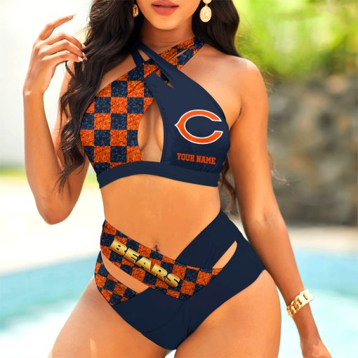Chicago Bears Womens 2Pcs Bikini Swimsuit Criss Cross Cutout Bathing Suit St6320