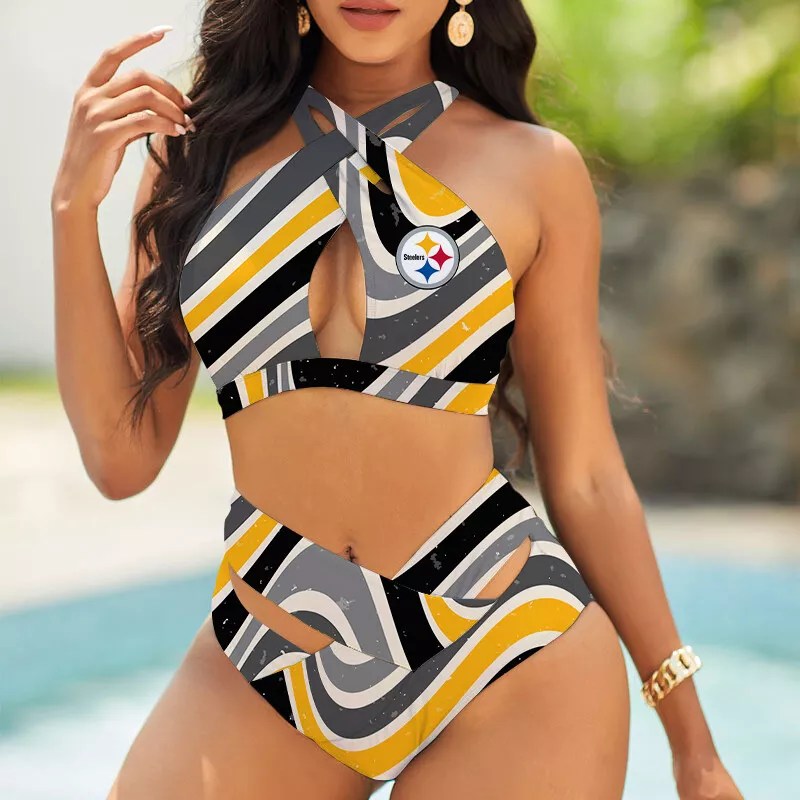 Chicago Bears Womens 2Pcs Bikini Swimsuit Criss Cross Cutout Bathing Suit St8057