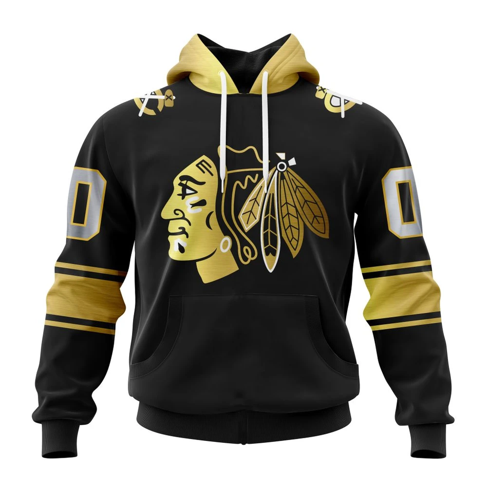 Chicago Blackhawks Special Black And Gold Design All Over Print Hoodie Style 14975
