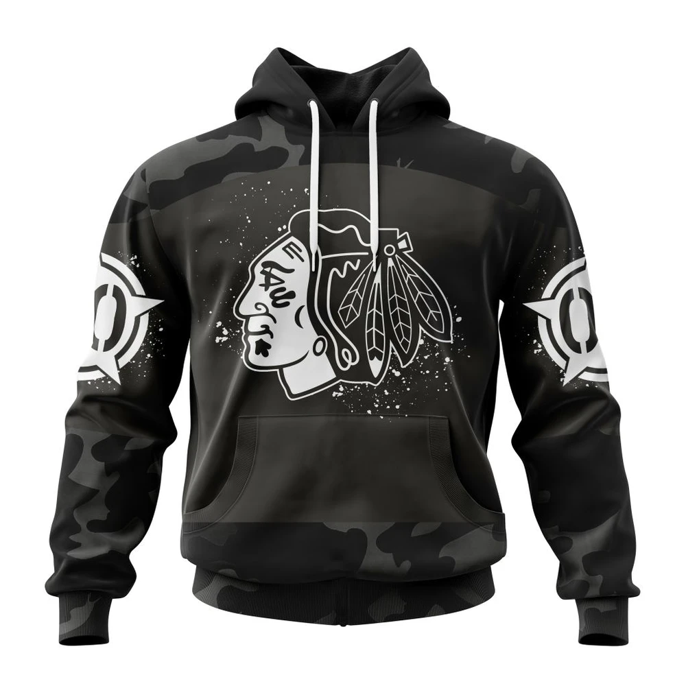 Chicago Blackhawks Special Black Camo Design For Veterans Day All Over Print Hoodie Style 52083